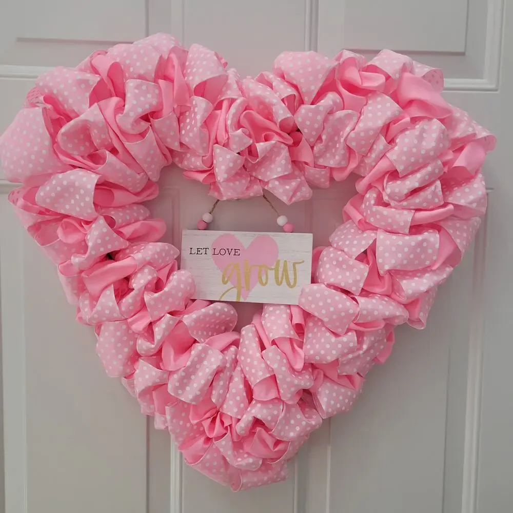 Handcrafted Pink Polka Dot Ribbon Heart Wreath 